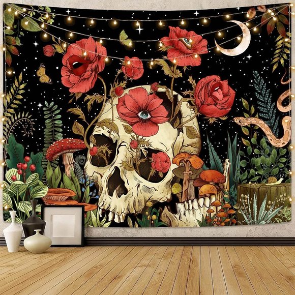 Big Skull Red Poppies Ferns Poppy Flowers Mushrooms Hang Tapestry Wall Art New